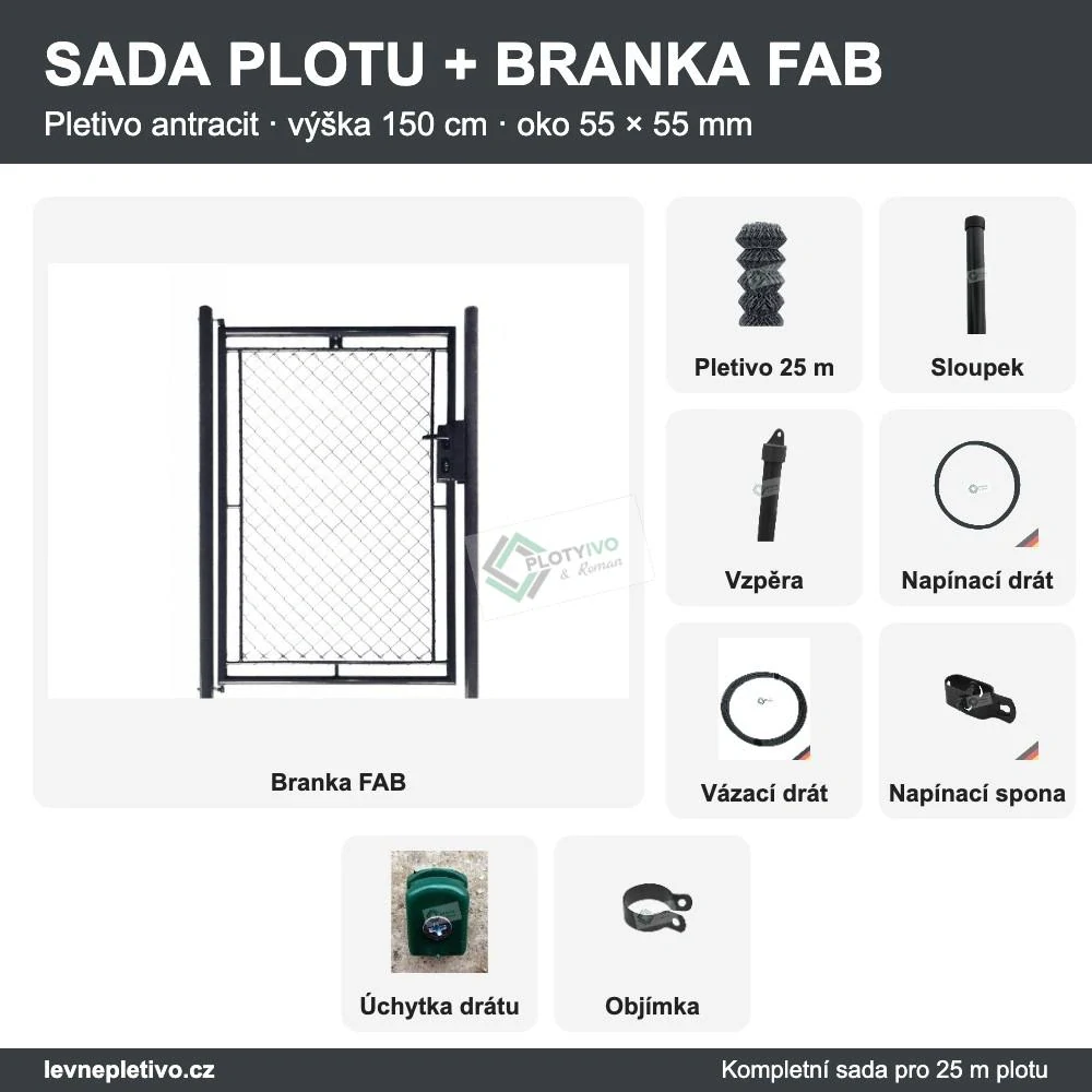 BRANKA FAB + Pletivo ANTRACIT OKO 55x55 výška 150 cm SADA na 25 m